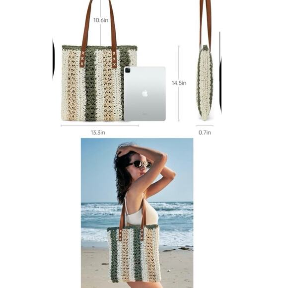 Green‎ Boho Striped Woven Tote -Handmade, Chic, Beach Bag, - Picture 3 of 7